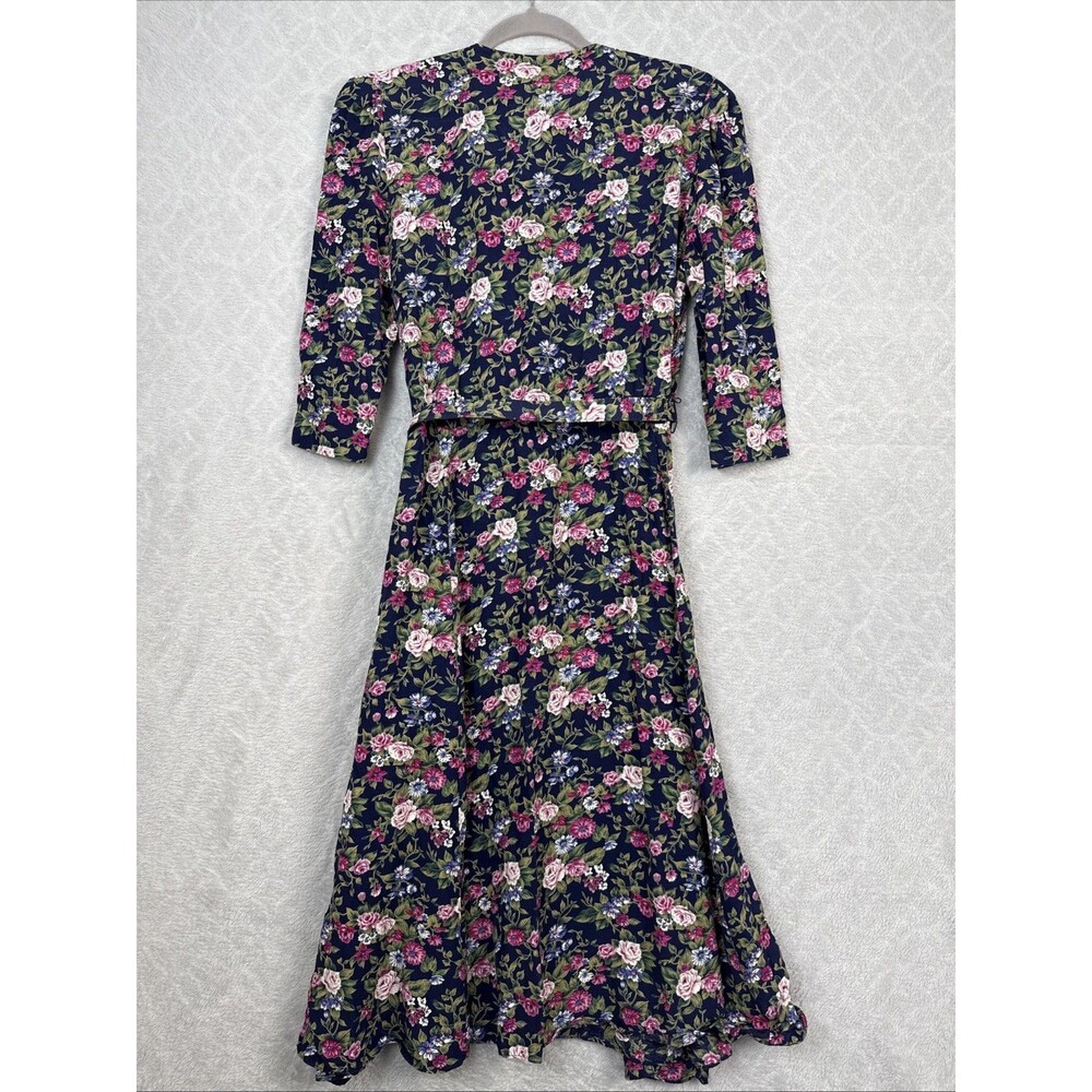 Vtg Floral Midi Dress M Petite Lace Collar Belt Modest Twee Grandma Cottage 80s - Picture 8 of 15